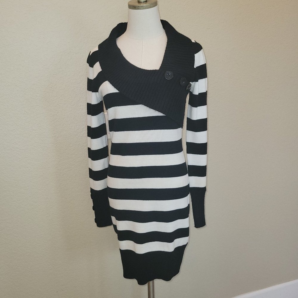 Black White Stripe Sweater Dress Asymmetrical Neck